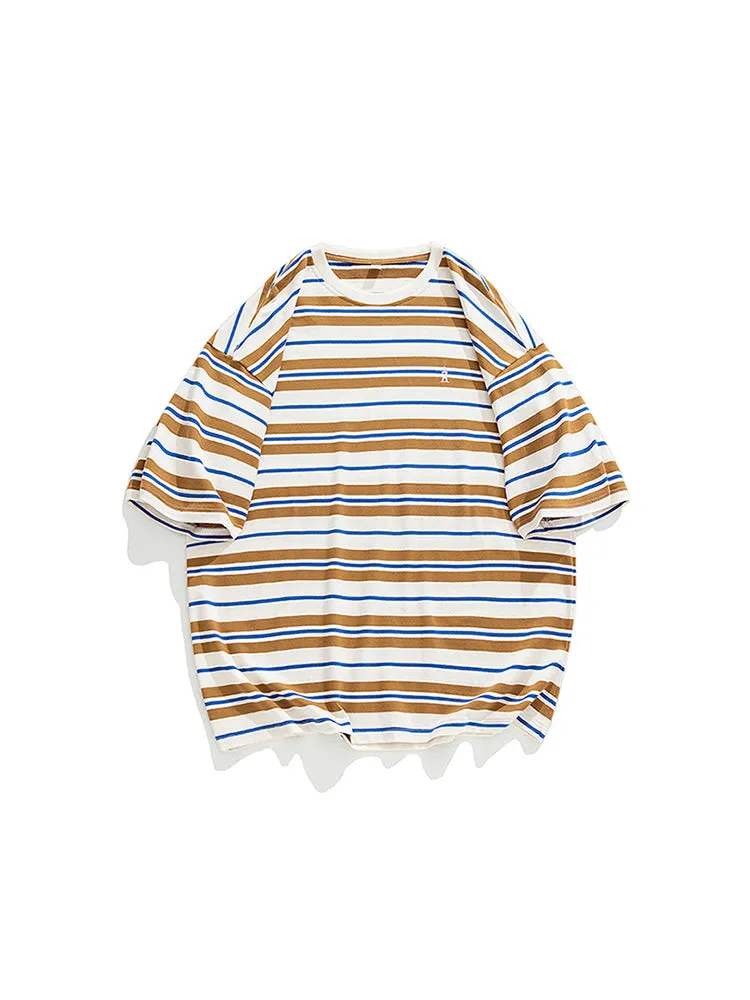 Vintage Loose Trendy Embroidery Men'S Stripes Tee