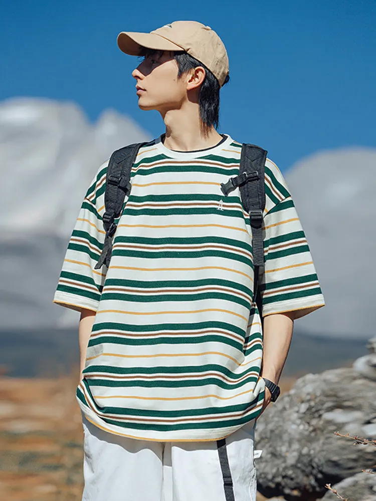 Vintage Loose Trendy Embroidery Men'S Stripes Tee